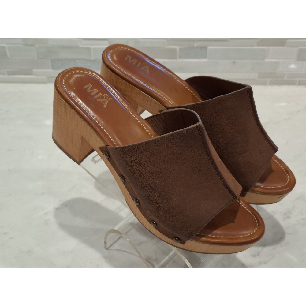MIA Block Heel Studded Sandals/Slides In Cognac Leather Size 8